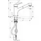 Hansgrohe Spültischmischer mit einer Ausziehbrause, abgebildet in Seitenansicht. Maßangaben und technische Details sind im Diagramm dargestellt.